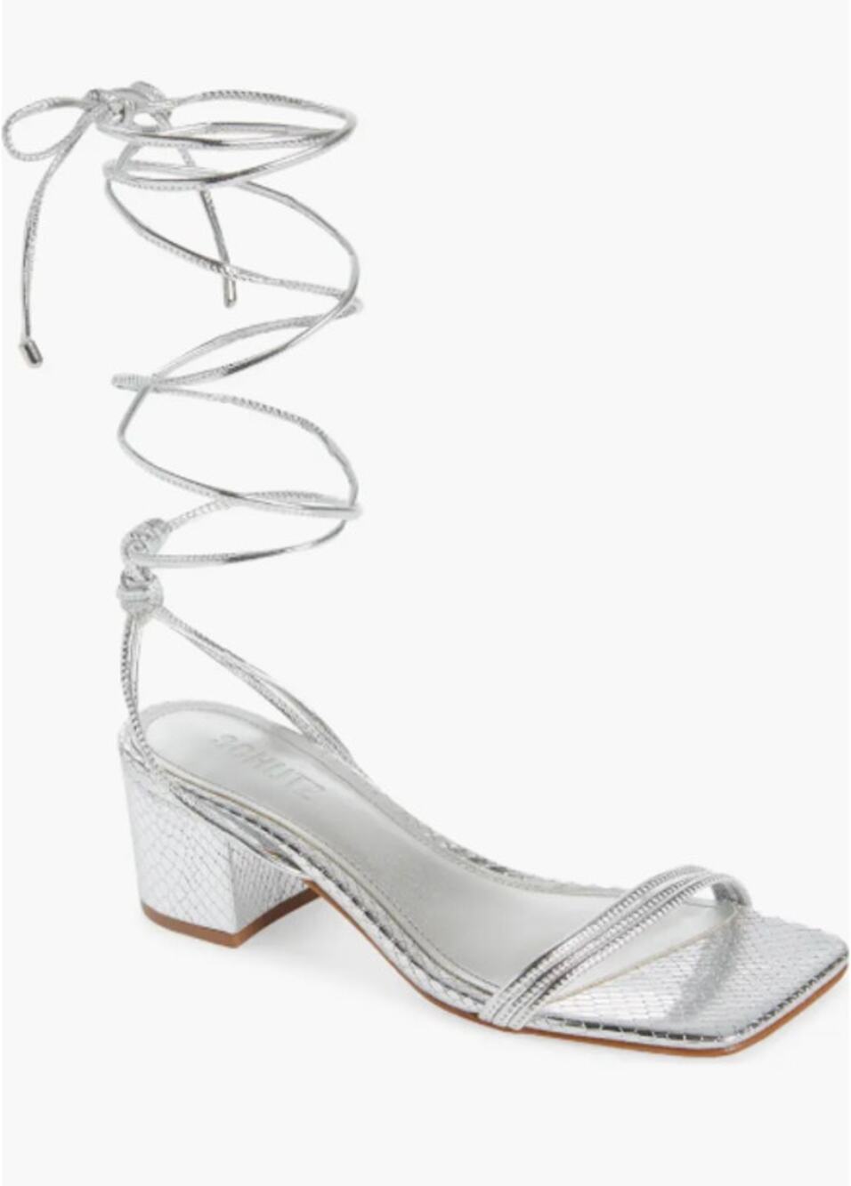 Schutz Thea Ankle Wrap Block Heel Sandal Womens Metallic Silver Size US5B EU35.5